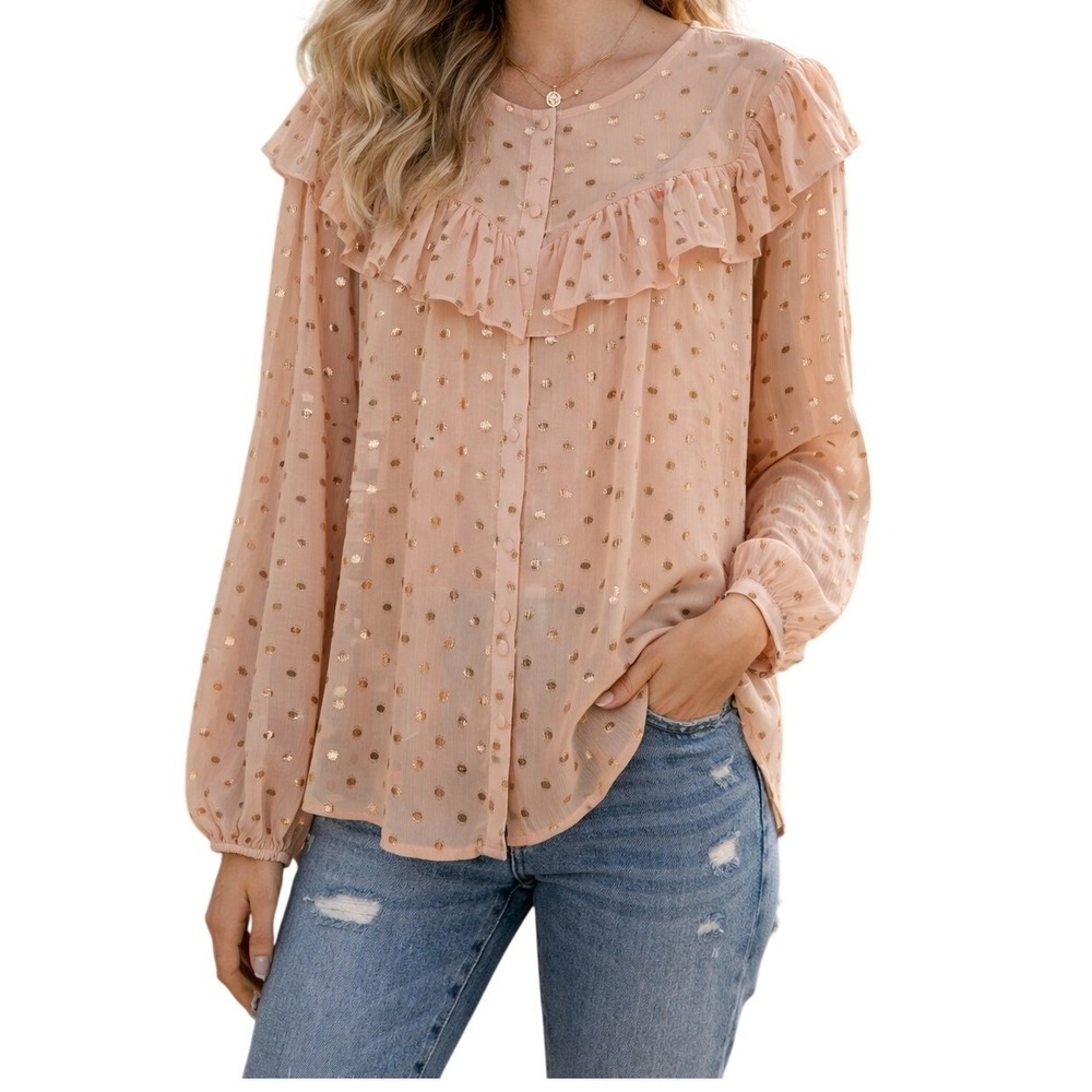LC Lauren Conrad Ruffle Blouse Womens XL Peach Gold Metallic Foil Polka Dot Top
